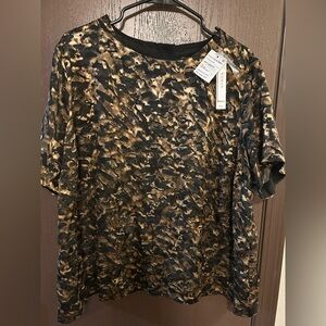 NWT TAHARI women’s 1X Black and Gold burnout sheer patterned short sleeve blouse